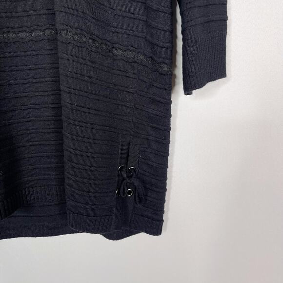 St John Medium M Black 3/4 Sleeve Ottoman Stripe Knit Sweater with Side Lace Up - Picture 5 of 11